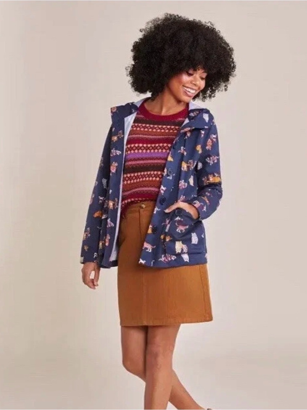 ModCloth Hit The Trail Hooded Anorak Jacket Navy Blue Cats Print Size XL
